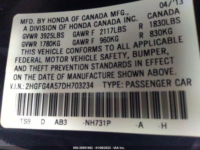 2013 HONDA CIVIC CPE SI 2HGFG4A57DH703234
