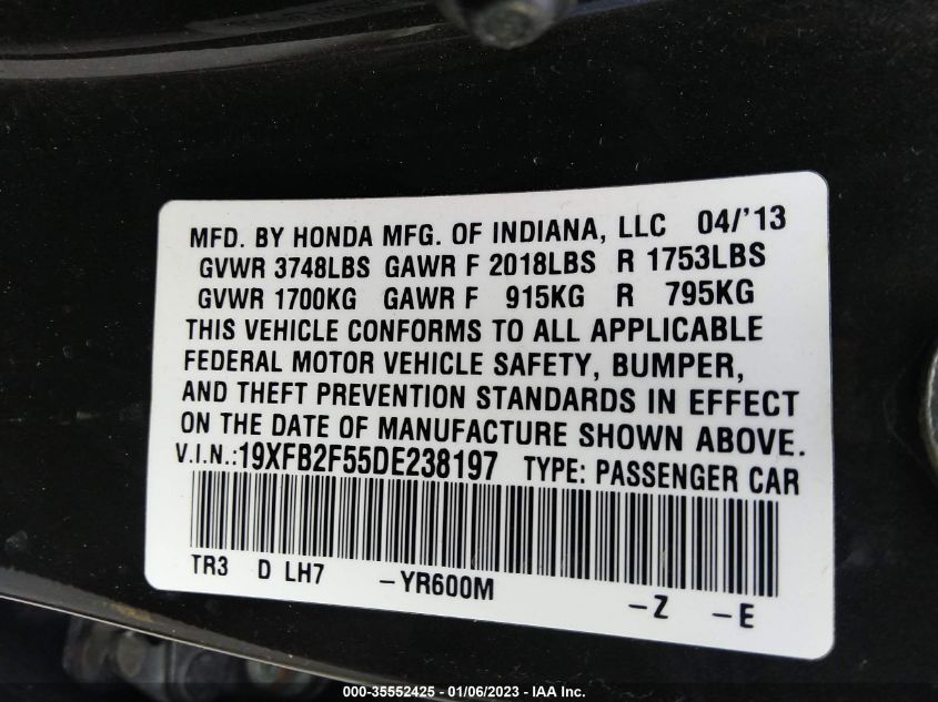 2013 HONDA CIVIC SDN LX 19XFB2F55DE238197