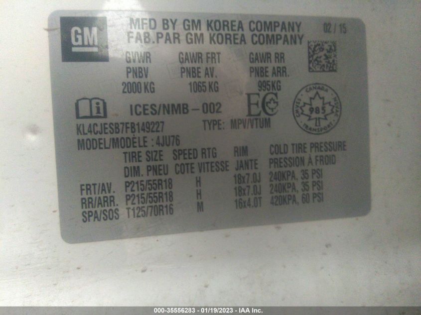 2015 BUICK ENCORE KL4CJESB7FB149227