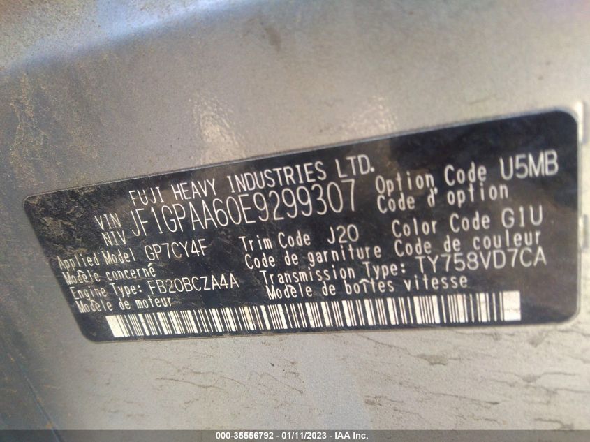 2014 SUBARU IMPREZA WAGON 2.0I JF1GPAA60E9299307