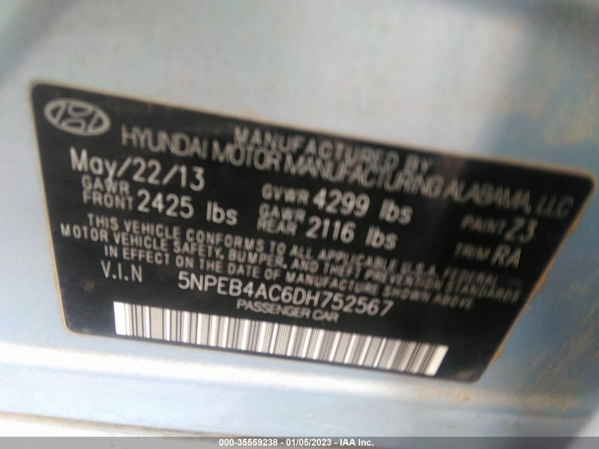 VIN 5NPEB4AC6DH752567 2013 HYUNDAI SONATA no.9