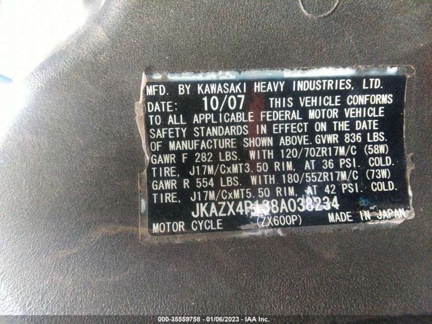2008 KAWASAKI ZX600 P JKAZX4P138A038234