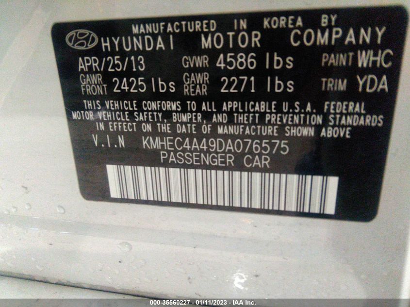 2013 HYUNDAI SONATA HYBRID LIMITED KMHEC4A49DA076575