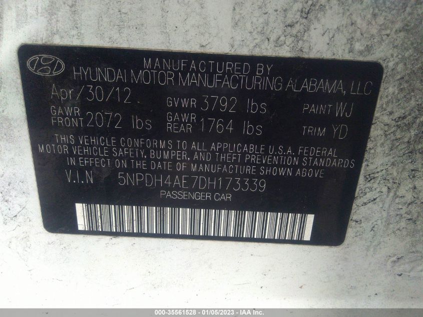 2013 HYUNDAI ELANTRA LIMITED - 5NPDH4AE7DH173339