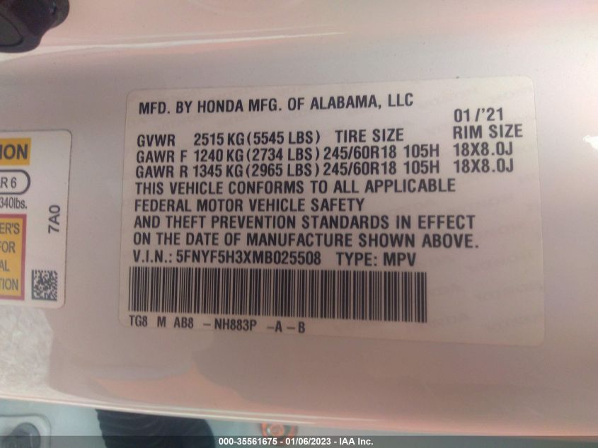 VIN 5FNYF5H3XMB025508 2021 HONDA PILOT no.9