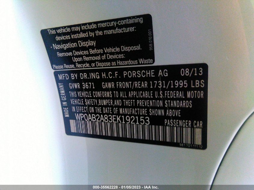 2014 PORSCHE CAYMAN S WP0AB2A83EK192153