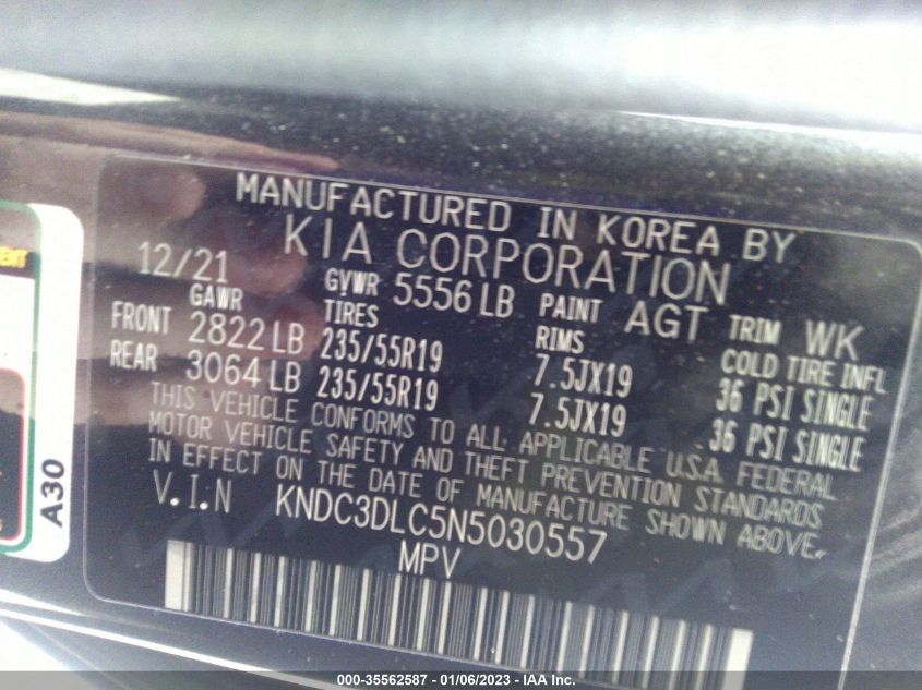 2022 KIA EV6 WIND KNDC3DLC5N5030557