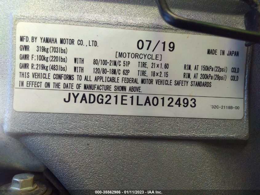 2020 YAMAHA WR250 R JYADG21E1LA012493