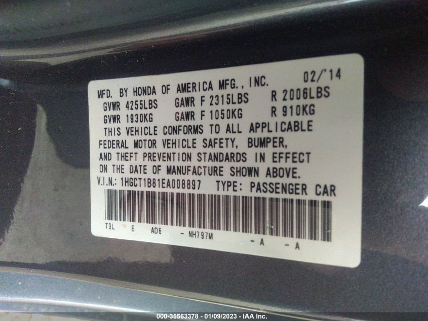 2014 HONDA ACCORD COUPE EX-L 1HGCT1B81EA008897