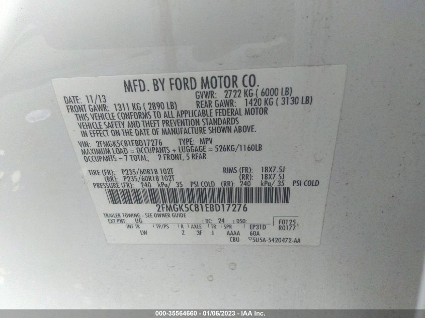 2014 FORD FLEX SEL 2FMGK5C81EBD17276