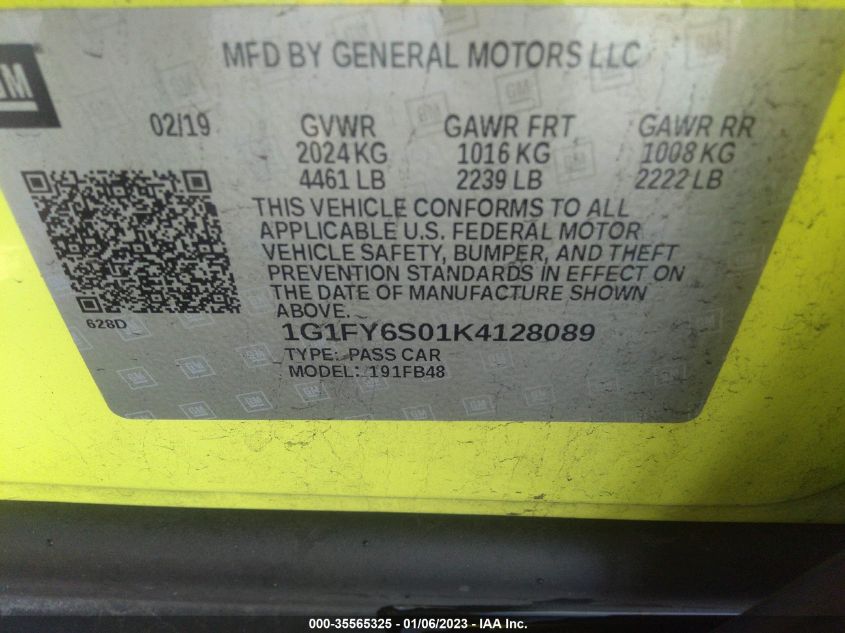 2019 CHEVROLET BOLT EV LT 1G1FY6S01K4128089