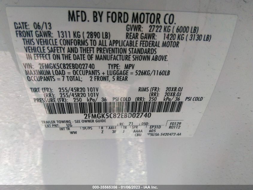 2014 FORD FLEX SEL 2FMGK5C82EBD02740