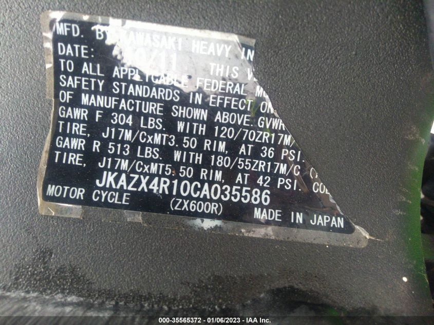 2012 KAWASAKI ZX600 R JKAZX4R10CA035586