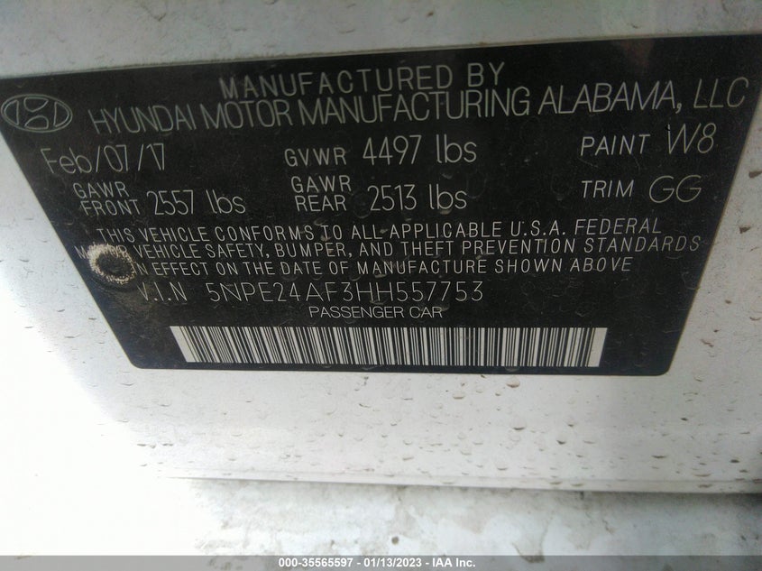 VIN 5NPE24AF3HH557753 2017 HYUNDAI SONATA 2.4L