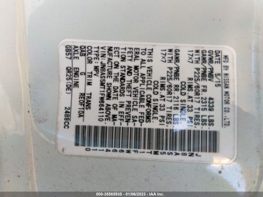 2015 NISSAN ROGUE SELECT S JN8AS5MT1FW664110
