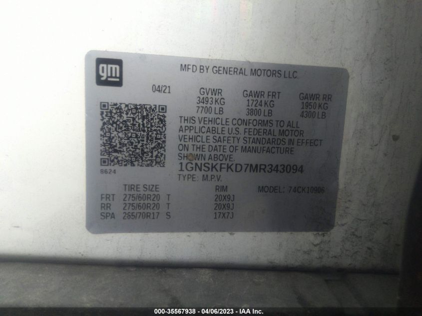 2021 CHEVROLET SUBURBAN PREMIER - 1GNSKFKD7MR343094
