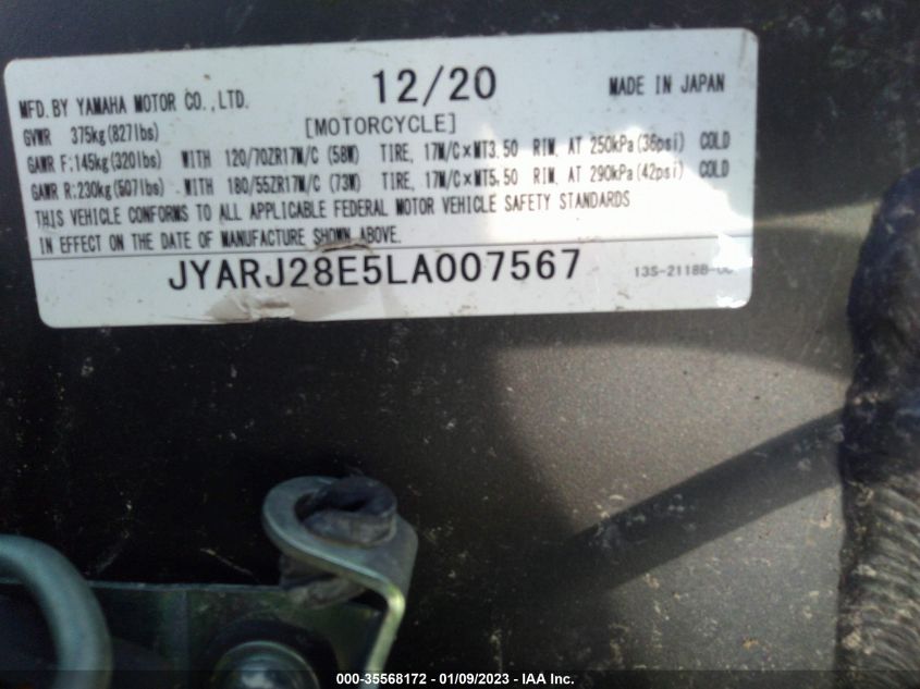 2020 YAMAHA YZFR6 JYARJ28E5LA007567