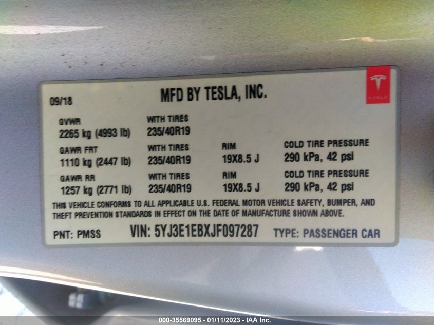 VIN 5YJ3E1EBXJF097287 2018 TESLA MODEL 3 LONG RANGE