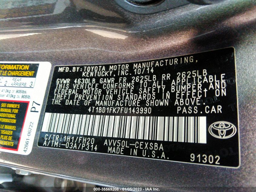 2015 TOYOTA CAMRY HYBRID LE/XLE/SE 4T1BD1FK7FU143990