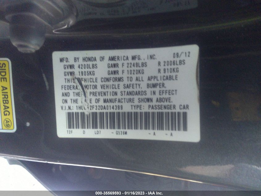 2013 HONDA ACCORD SDN LX 1HGCR2F32DA014399