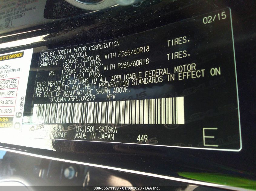 2015 LEXUS GX 460 JTJBM7FX5F5109279