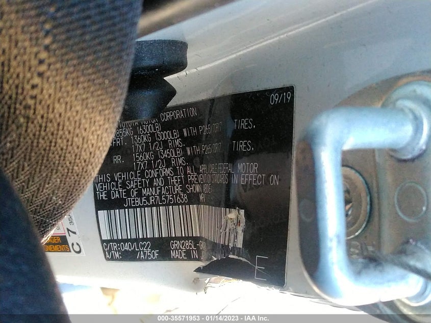 Auction sale of the 2020 Toyota 4Runner , vin: JTEBU5JR7L5751638, lot number: 35571953