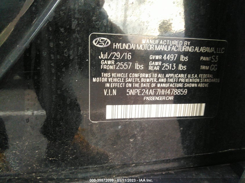 VIN 5NPE24AF7HH478859 2017 HYUNDAI SONATA SE