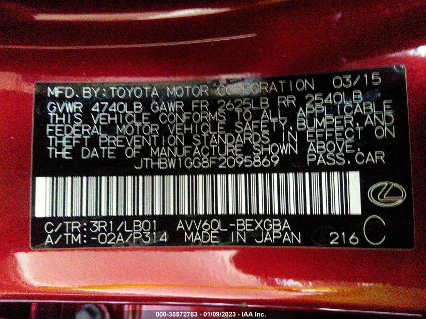 2015 LEXUS ES 300H HYBRID - JTHBW1GG8F2095869