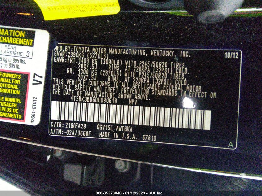 2013 TOYOTA VENZA LE 4T3BK3BB6DU080618