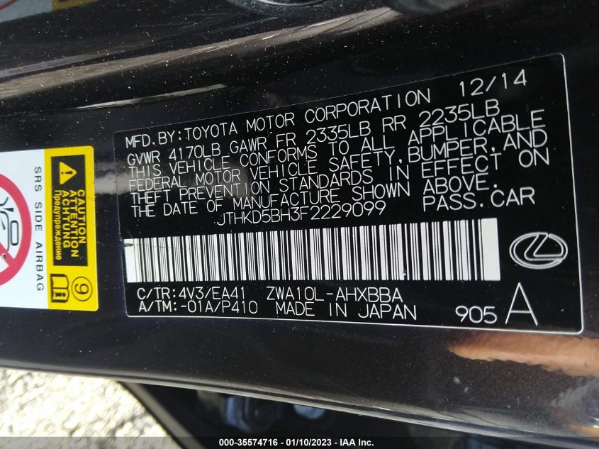 2015 LEXUS CT 200H HYBRID - JTHKD5BH3F2229099