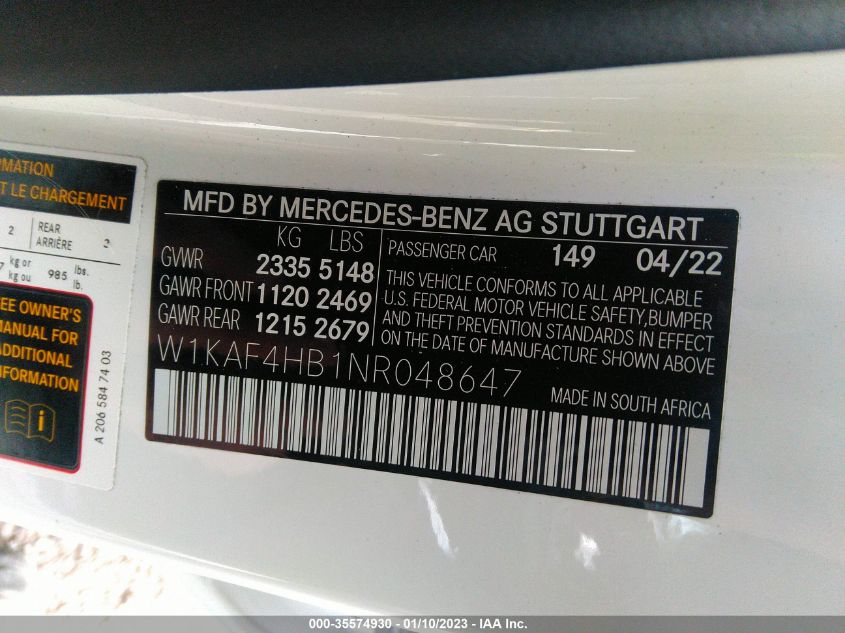 VIN W1KAF4HB1NR048647 2022 MERCEDES-BENZ C-CLASS C 300