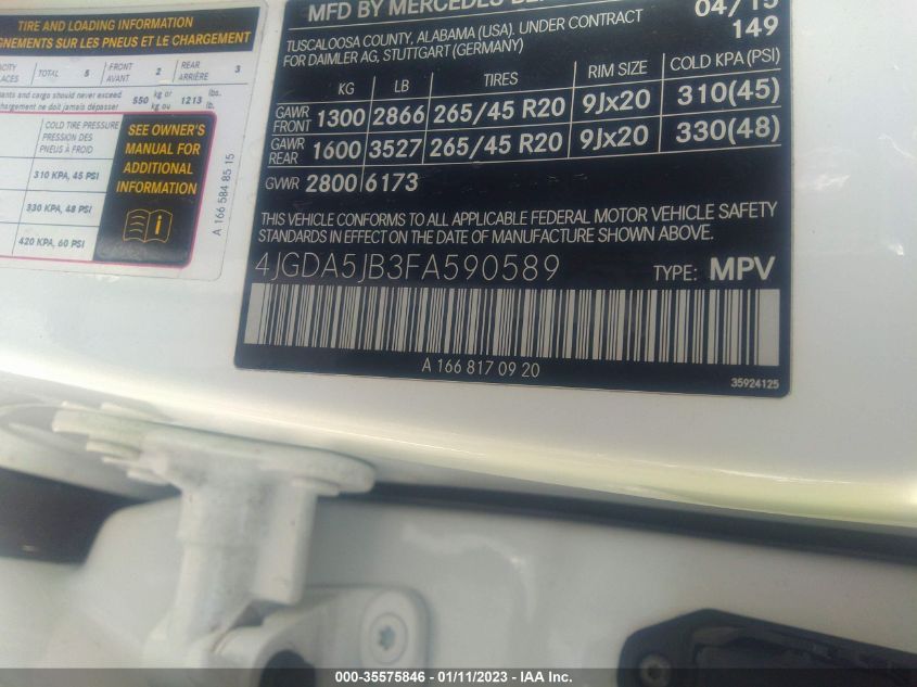 2015 MERCEDES-BENZ M-CLASS ML 350 4JGDA5JB3FA590589