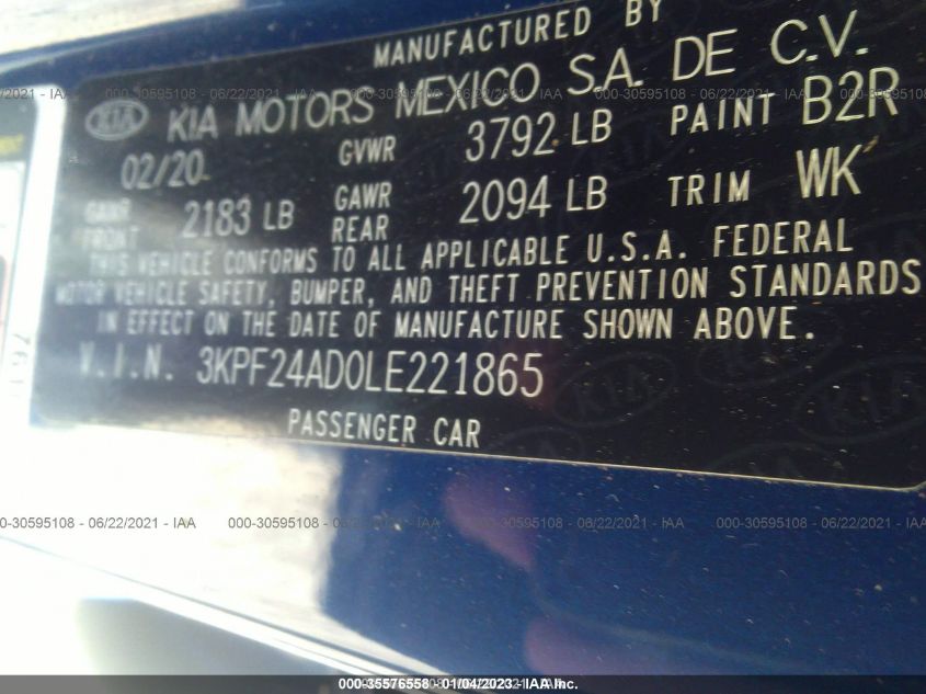 2020 KIA FORTE LXS 3KPF24AD0LE221865