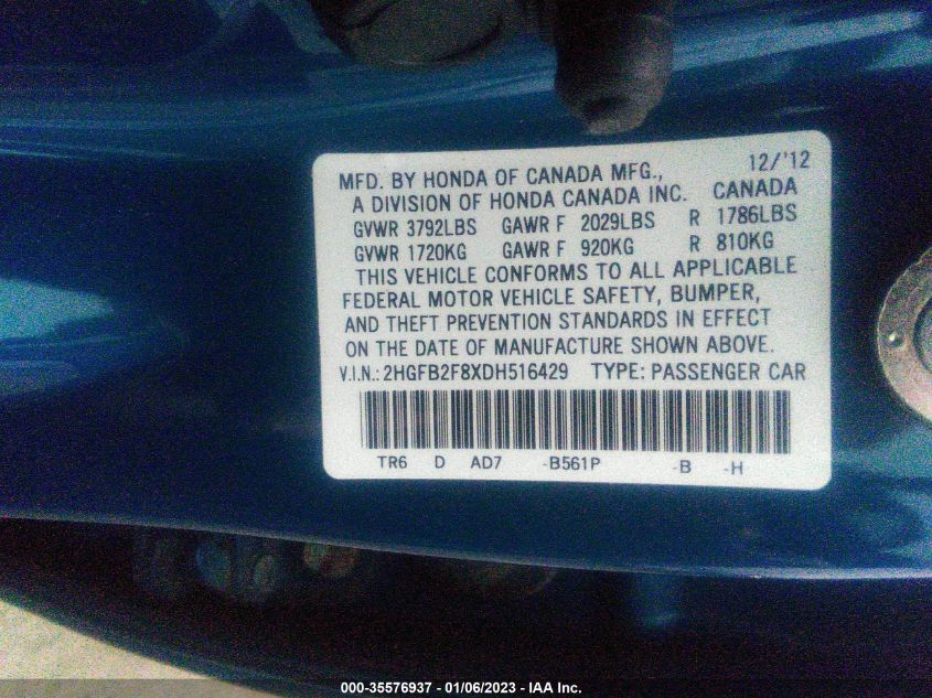 2013 HONDA CIVIC SDN EX 2HGFB2F8XDH516429