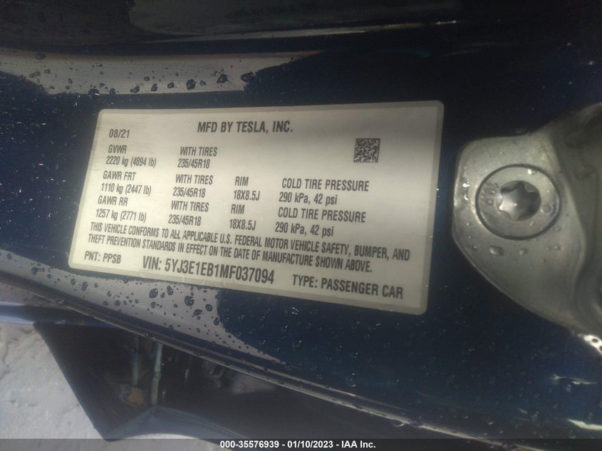 VIN 5YJ3E1EB1MF037094 2021 TESLA MODEL 3 LONG RANGE