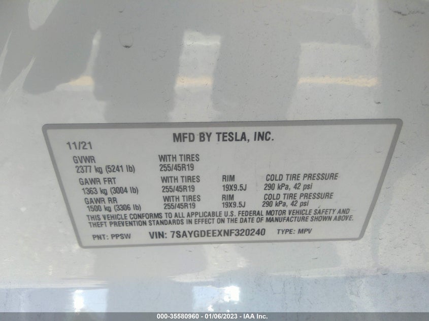 VIN 7SAYGDEEXNF320240 2022 TESLA MODEL Y LONG RANGE