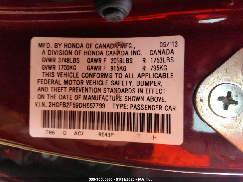 2013 HONDA CIVIC SDN LX 2HGFB2F59DH557799