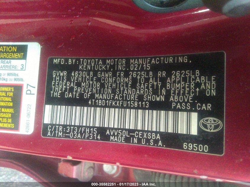 2015 TOYOTA CAMRY HYBRID SE 4T1BD1FKXFU158113