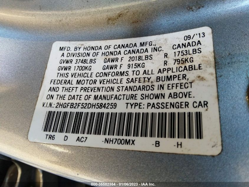 2013 HONDA CIVIC SDN LX 2HGFB2F52DH584259