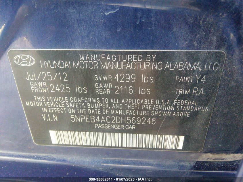 VIN 5NPEB4AC2DH569246 2013 HYUNDAI SONATA no.9