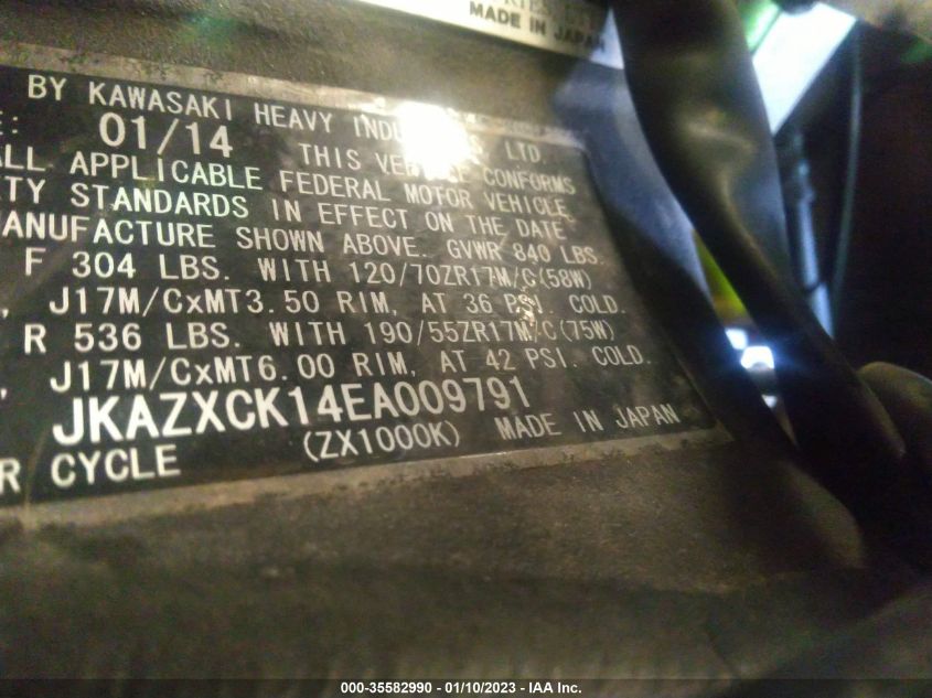 2014 KAWASAKI ZX1000 K JKAZXCK14EA009791