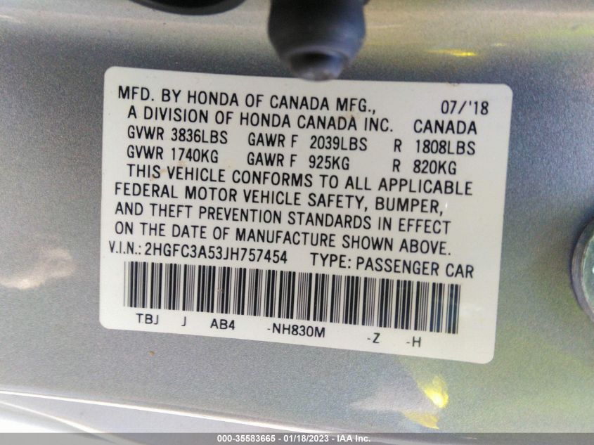 2018 HONDA CIVIC SI COUPE 2HGFC3A53JH757454