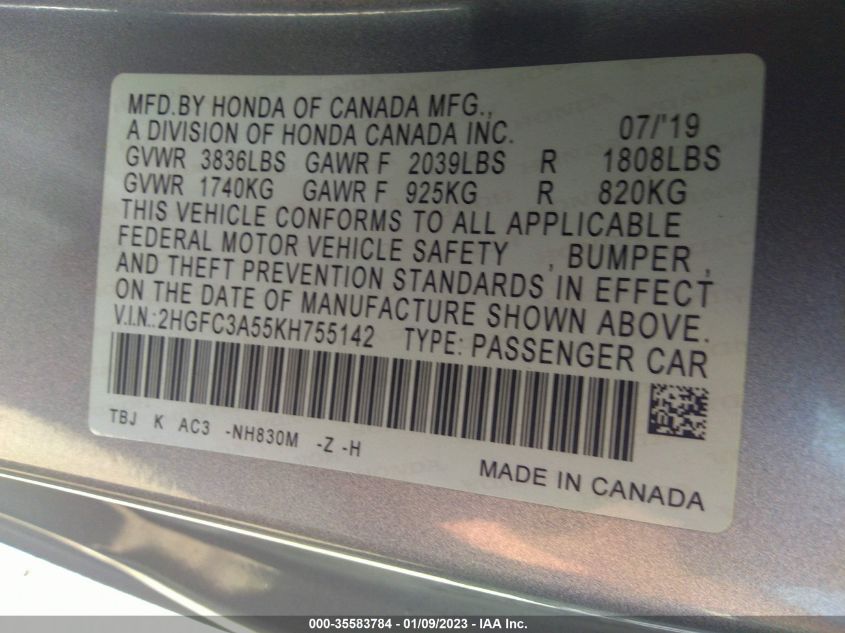 2019 HONDA CIVIC SI COUPE 2HGFC3A55KH755142