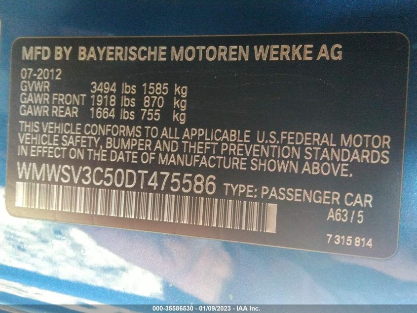 2013 MINI HARDTOP COOPER S WMWSV3C50DT475586