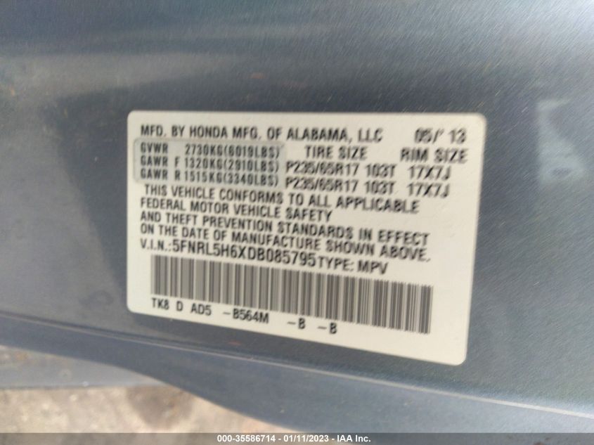 VIN 5FNRL5H6XDB085795 2013 HONDA ODYSSEY no.9