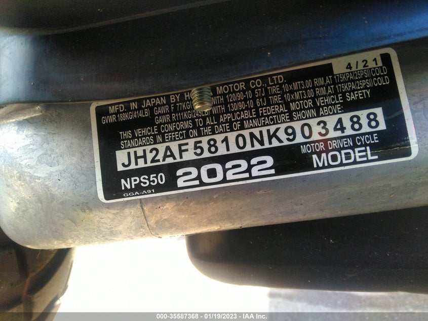 VIN JH2AF5810NK903488 2022 HONDA NPS50