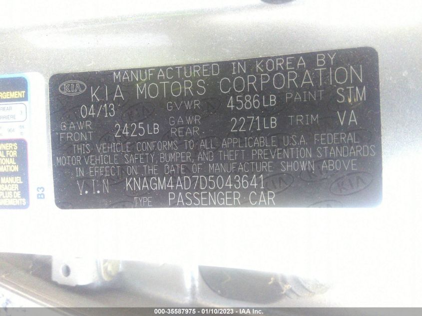 2013 KIA OPTIMA HYBRID LX KNAGM4AD7D5043641
