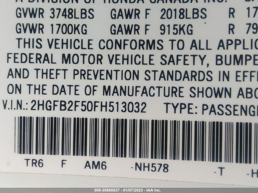 2015 HONDA CIVIC SEDAN LX - 2HGFB2F50FH513032