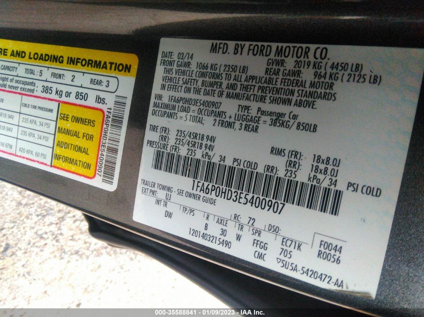 2014 FORD FUSION SE - 1FA6P0HD3E5400907