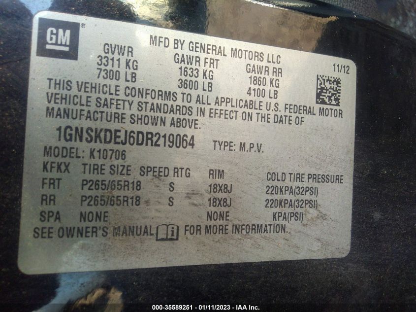 2013 CHEVROLET TAHOE HYBRID 1GNSKDEJ6DR219064